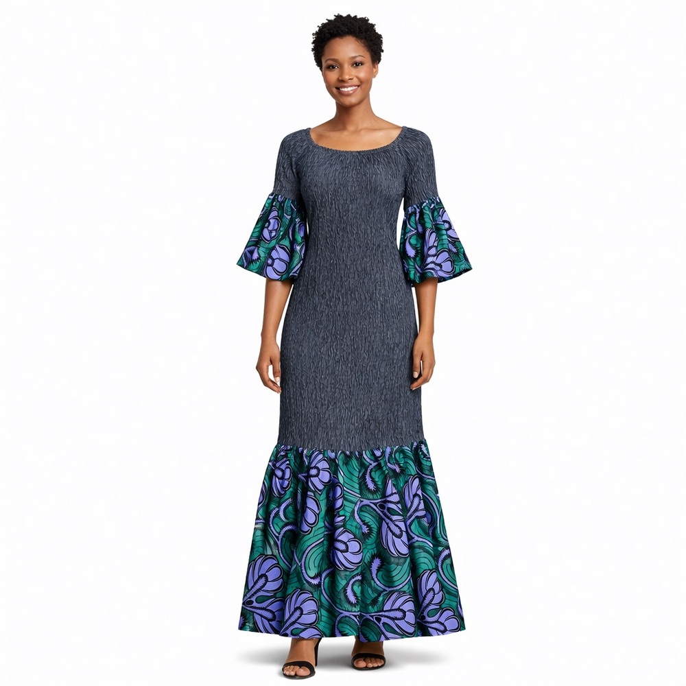 African Print Maxi Dress Women Off Shoulder Smocked Ankara Dress Bell Sleeve